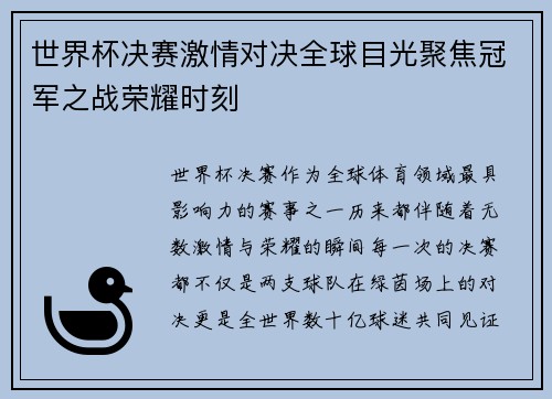 世界杯决赛激情对决全球目光聚焦冠军之战荣耀时刻