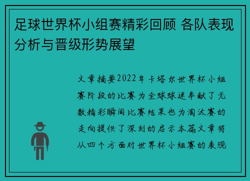 足球世界杯小组赛精彩回顾 各队表现分析与晋级形势展望