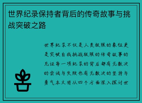 世界纪录保持者背后的传奇故事与挑战突破之路