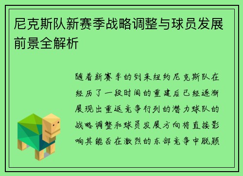 尼克斯队新赛季战略调整与球员发展前景全解析