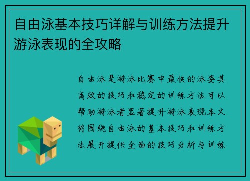 自由泳基本技巧详解与训练方法提升游泳表现的全攻略